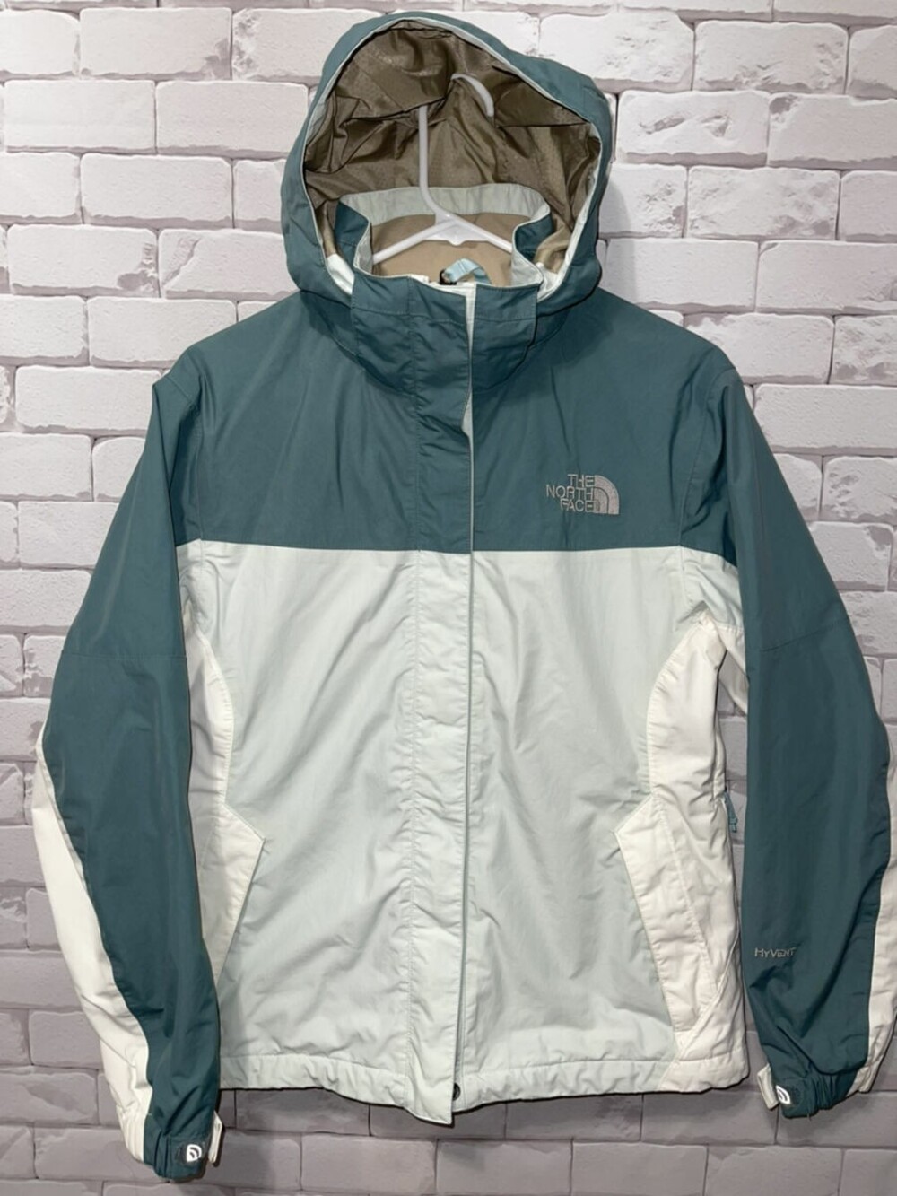 Womens The North Face Hyvent Rain Jacket Green/White Sz Sm